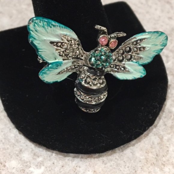 Silver Painted Rhinestone Bee Insect Brooch Pin - Picture 4 of 4